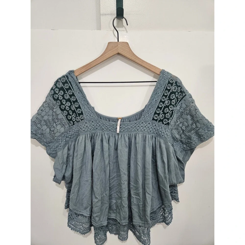 Free People Boho Crochet Lace Embroidered Scoop Neck Top Blue Grey Small